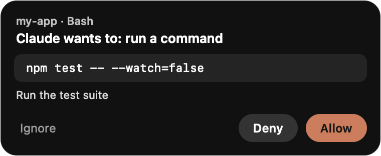 A floating request card above the pet: Claude wants to run npm test.