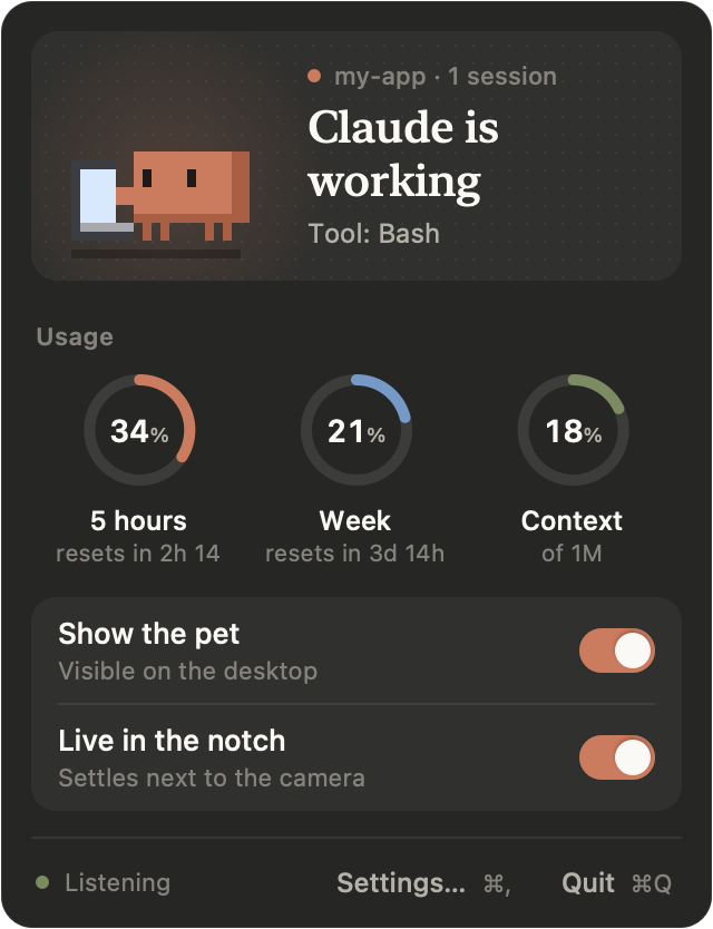 The menu bar panel: Claude is working with Bash, usage rings at 34% for 5 hours, 21% for the week and 18% of the context, and toggles to show the pet and live in the notch.